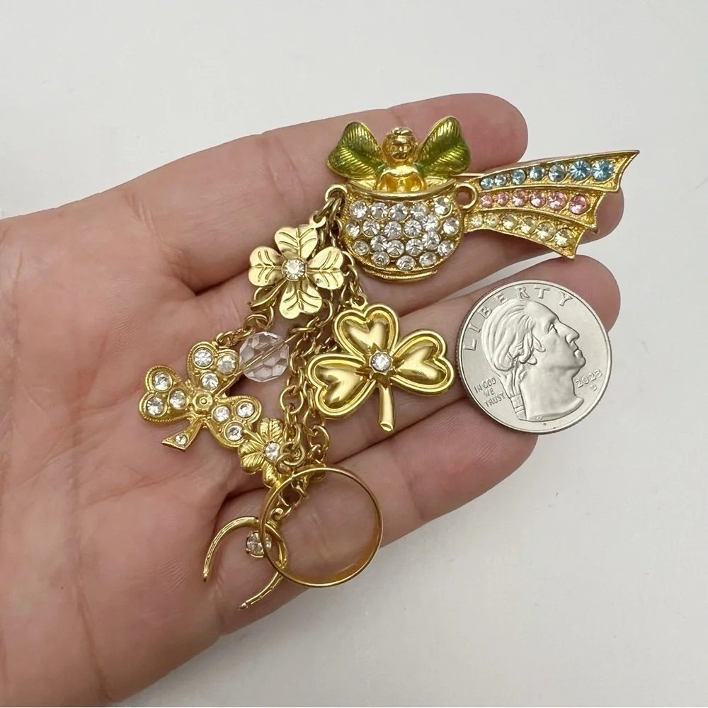 Vintage Kirks Folly Rainbow Clover Lucky Pot Of Gold Dangle Rhinestone Brooch